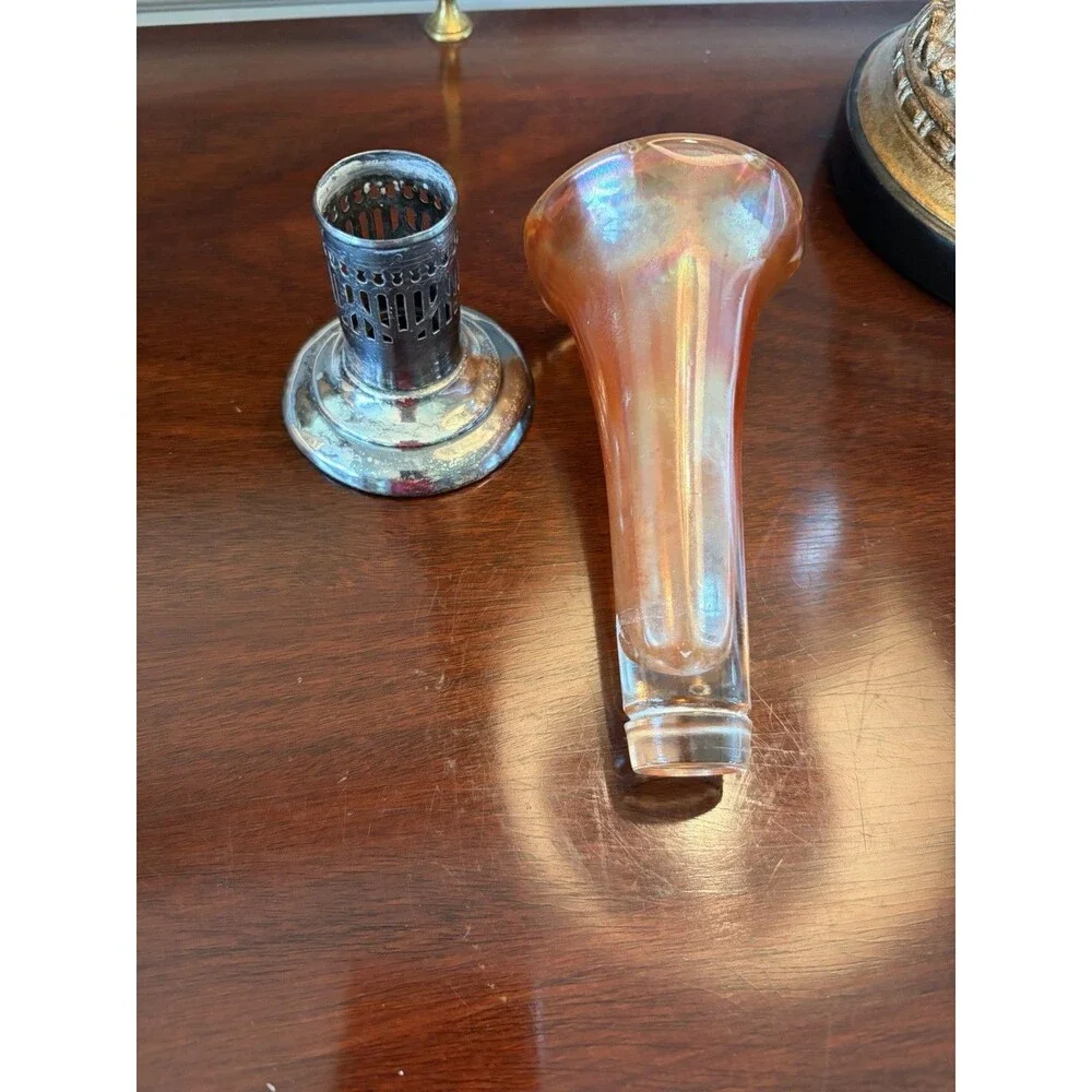 Vintage Art Nouveau Marigold Peach Carnival Glass Bud Flower Vase w/ Metal Stand